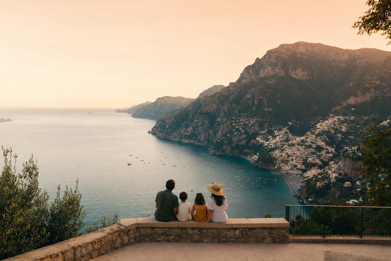 A family of four looking out over the Amalfi coast at golden hour